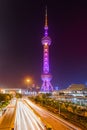 Shanghai, China - May 23, 2018: A night view to the TV tower Oriental Pearl in Shanghai, China Royalty Free Stock Photo