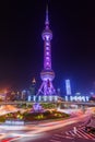 Shanghai, China - May 23, 2018: A night view to the TV tower Oriental Pearl in Shanghai, China Royalty Free Stock Photo