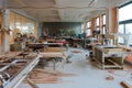 Interior Space of Woodwork Workshop. Set of Carpenter`s Equipment