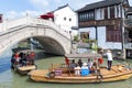 Tourist wooden rowboat in Zhujiajiao Ancient Water Town, a historic village located in the Qingpu District of Shanghai, China