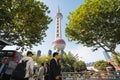 Shanghai, China - 2019 1st November: Panoramic view of the center of the city, people walking close to Shanghai Tower, on a sunny