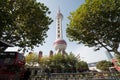 Shanghai, China - 2019 1st November: Panoramic view of the center of the city, people walking close to Shanghai Tower, on a sunny