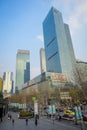 SHANGHAI, CHINA: Walking around the traditional Jing`an temple neighborhood, modern tall office buildings in background Royalty Free Stock Photo