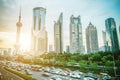 Shanghai city scape in sunset time. Modern enviroment. Royalty Free Stock Photo