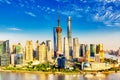 Shanghai city skyline with huangpu river. Pudong business district in Shanghai, China with blue sky during summer sunny day Royalty Free Stock Photo