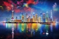 Shanghai city skyline at night with reflection in Huangpu river, Shanghai skyline panorama with Huangpu river, China, AI Generated Royalty Free Stock Photo