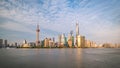 Shanghai city skyline Pudong side looking through Huangpu river on a sunny day.