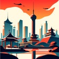 shanghai city skyline at sunset, vector illustration in flat style AI generated Royalty Free Stock Photo