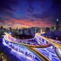 Shanghai City at sunset with light trails Royalty Free Stock Photo