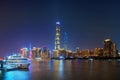 Shanghai Downtown with a boat and Huangpu River, China. Financial district and business centers in smart city in Asia. Top view of Royalty Free Stock Photo