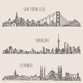 Shanghai Istanbul San Francisco city sketch Royalty Free Stock Photo