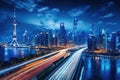 Shanghai Lujiazui Finance and Trade Zone of the modern city night background, Shanghai city skyline and expressway at night,China Royalty Free Stock Photo