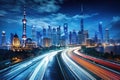 Shanghai Lujiazui Finance and Trade Zone of the modern city night background, Shanghai city skyline and expressway at night,China