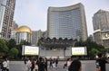 Shanghai, 2nd may: Skyscrapes seen from the famous Nanjing Road in Shanghai Royalty Free Stock Photo