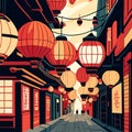 Shanghai old town street with Chinese lanterns. Vector illustration Generative AI