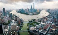 Shanghai skyline aerial view with skyscrapers rising above Haung