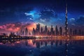 Shanghai skyline at night with reflection in Huangpu river, Dubai Panoramic Night, AI Generated Royalty Free Stock Photo