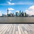 Shanghai skyline with wooden floor Royalty Free Stock Photo