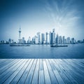 Shanghai skyline and wooden floor Royalty Free Stock Photo