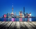 Shanghai skyline and wooden Royalty Free Stock Photo