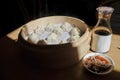 Shanghai soup dumpling steamed in bamboo bowl - Xiao Long Bao ma Royalty Free Stock Photo