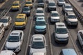 Shanghai taxis form part of a traffic queue.