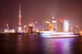 Skyline of Lujiazui and Pudong with the Oriental Pearl Tower, across the Huangpu river Royalty Free Stock Photo