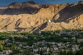 View of Shanti Stupa on a hilltop in Chanspa from Leh Palace in Leh district, Ladakh