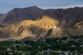 View of Shanti Stupa on a hilltop in Chanspa from Leh Palace in Leh district, Ladakh