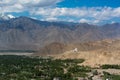 Shanti Stupa with mountain view.