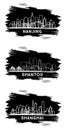 Shantou, Shanghai and Nanjing China City Skyline Silhouette set. Hand Drawn Sketch Royalty Free Stock Photo