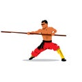 Shaolin monk with his staff. Vector Cartoon Illustration.