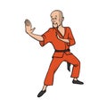 Shaolin monk practicing kung fu. Martial art. Vector illustration, isolated on white.