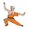 Shaolin monk practicing kung fu or wushu. Old master, martial art. Vector illustration, isolated on white background.