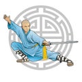 Shaolin monk with sword and longevity symbol