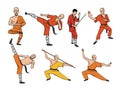 Shaolin monks practicing kung fu. Martial art. Vector illustration set, isolated on white.