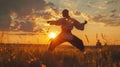 Shaolin worrior monk practicing kung fu outside on the grass at sunset Royalty Free Stock Photo