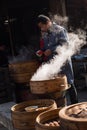 SHAOXING , CHINA: Chinese man selling traditional local dimsum at old town of Anchang during winter