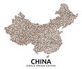 Shape of China map made of scattered coffee beans, country name below.