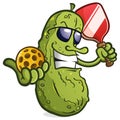 Pickle cartoon character with attitude holding pickleball gear