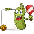 Pickleball cartoon mascot holding a big blank sign and a paddle and ball vector clip art