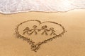 Shape of family holding hands inside heart drawn in sand Royalty Free Stock Photo