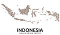 Shape of Indonesia map made of scattered coffee beans, country name below.