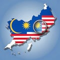 Malaysia Map With National Flag And Magnifying Glass Overlay outline Royalty Free Stock Photo