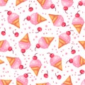 Pink cherry ice cream cone seamless pattern Royalty Free Stock Photo