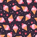 Cherry ice cream cone dark seamless pattern Royalty Free Stock Photo