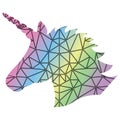 Shape silhouette of the magical unicorn on the rainbow effect background and in Scandinavian style poly triangle pattern