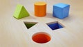 Shape sorter puzzle toy with square, circle and triangle shapes. 3D illustration