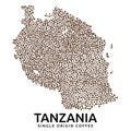 Shape of Tanzania map made of scattered coffee beans, country name below