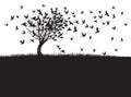 Shape of Tree, wind and black birds. Vector outline Illustration. Plant in Garden